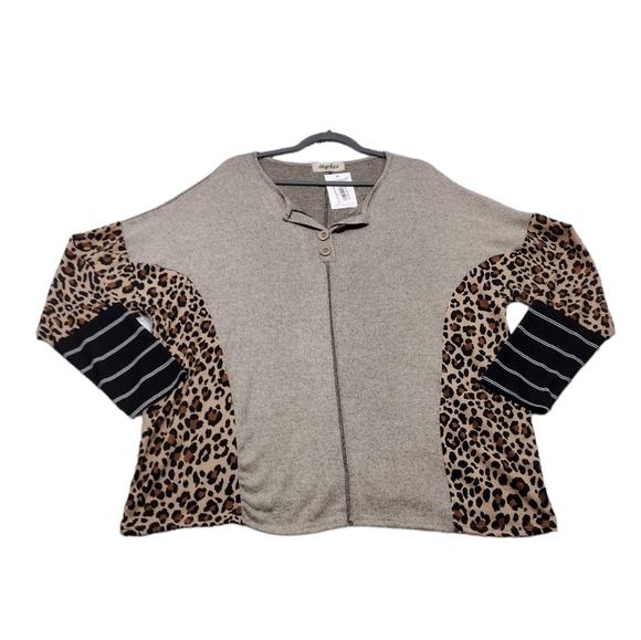 NWT Haptics Mixed Media Leopard Print Sweatshirt Oatmeal Size XL - Picture 2 of 10